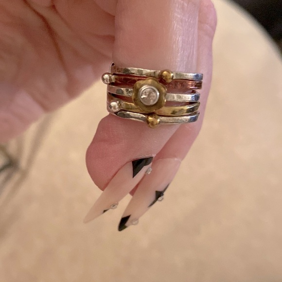 ✅Stacked silver (925) & plated rings w/ centre flower & pink CZ stone. 🌸 - Picture 4 of 8